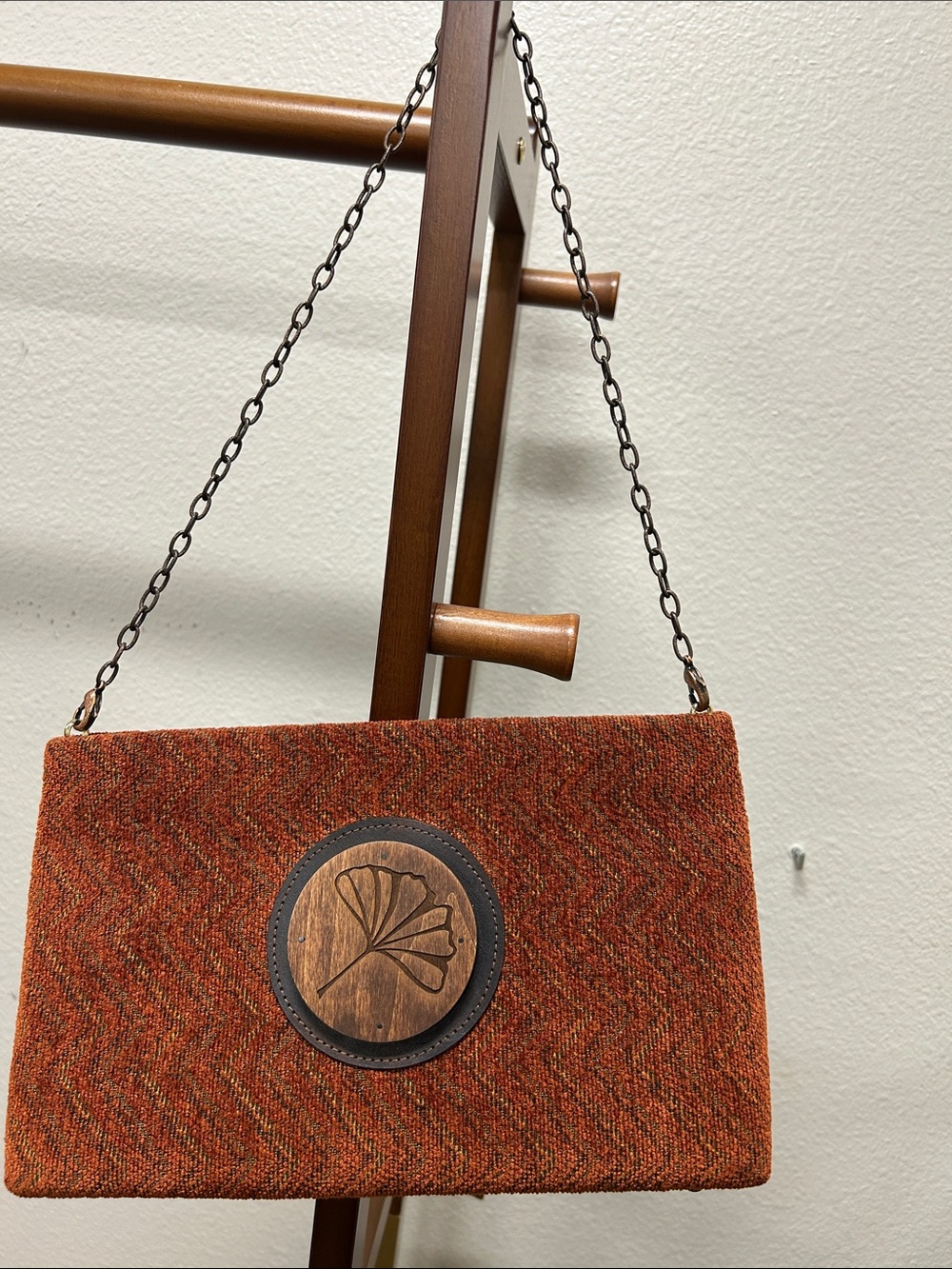 Woven Orange Chain-Handle Shoulder Bag Rustic Boho, Craft Revival, Nature Ginko